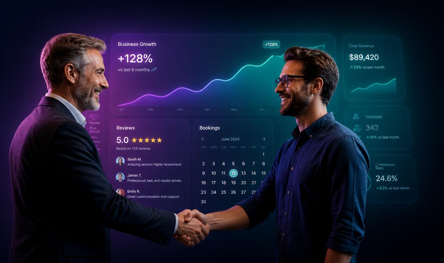 Business owner and Felmora Tech consultant reviewing growth results