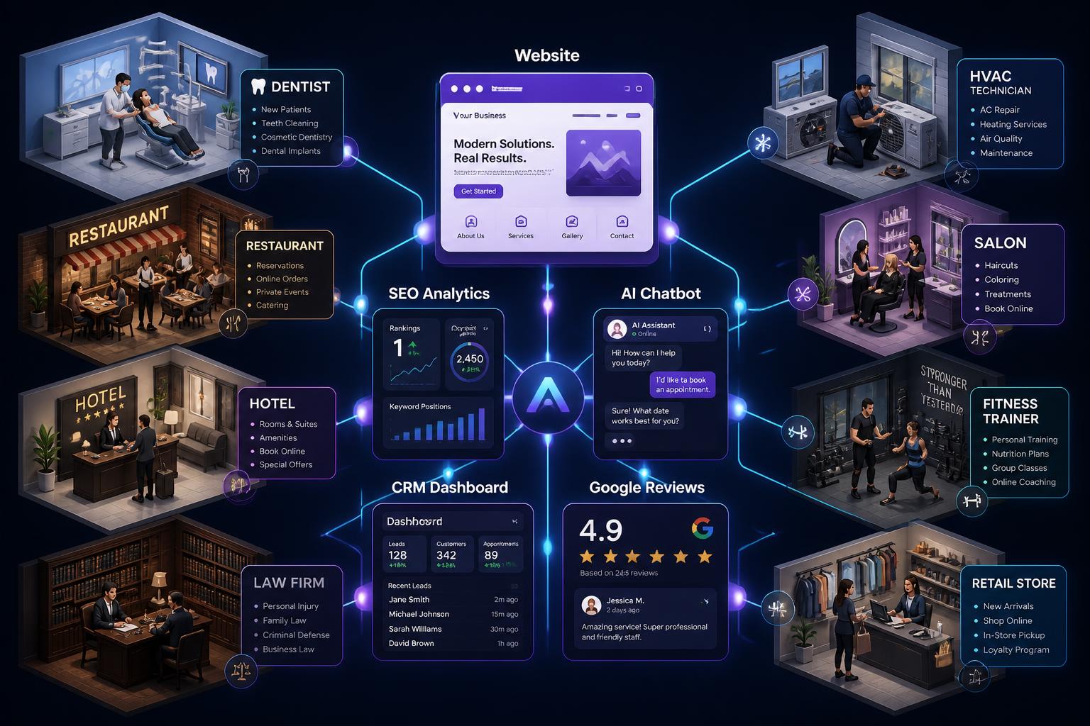 Multiple business industries connected through websites, SEO, AI automation, CRM and Google Reviews