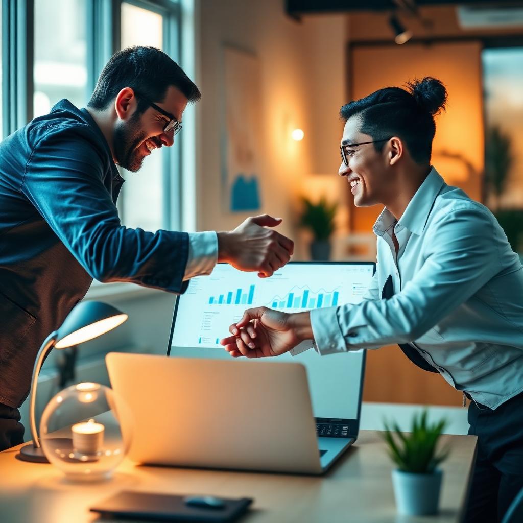 Partnership handshake over analytics dashboard